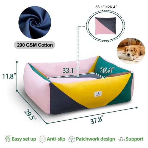 Image of Cotton Canvas Dog Bed, Dog Beds Large Sized Dog, Orthopedic Bed with Washable Removable Cover Durable 290 GSM Cotton Anti-chewing Pet Bed with Anti-Slip Bottom (38 inchx30 inchx12 inch, Pink&Yellow&Green)