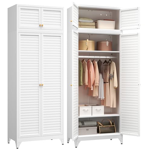 Metal Armoire Wardrobe Closet, 86" Tall Wardrobe Armoire with Hanging Rod, Almirah for Clothes with Doors, 18" D x 32" W x 86" H, White, Assemble Required, Shipped in Two Packages