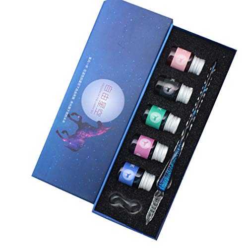 Juego de bolígrafos de inmersión de vidrio SIPLIV, bolígrafo de caligrafía vintage starry sky crystal, juego de regalo de 7 piezas con tinta de 5 colores, 1 portalápices, 1 bolígrafo de vidrio - azul Cover