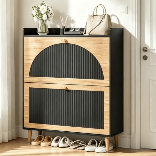 Image of Shoe Storage Cabinet with 2 Flip Drawers, Shoe Organizer Storage with Adjustable Shelves, Freestanding Hidden Slim Narrow Shoe Rack Cabinet for Entryway, Hallway (wood and Back Color-Blocking)
