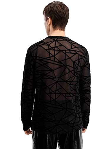 WDIRARA Men's Striped Mesh Sheer See Through Long Sleeve Round Neck Party Top4