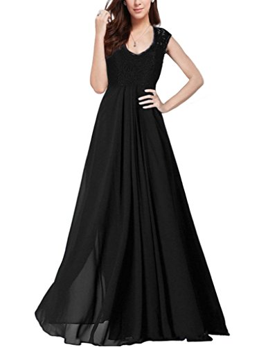 OFTEN Dresses for Women Party Night Chiffon Bridesmaid Deep-V Neck Sleeveless Vintage Maxi Lace Black Dress