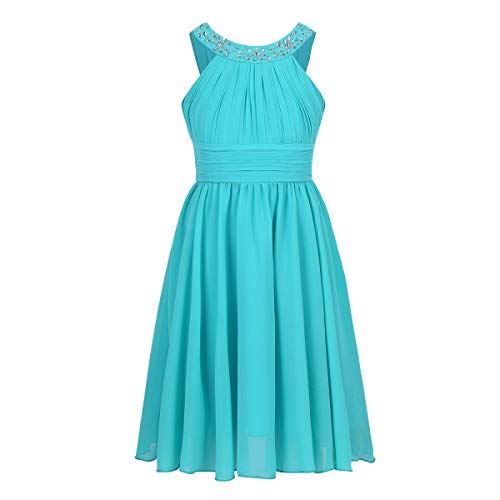 ranrann Enfant Fille Robe de Cérémonie Princesse sans Manche Strass Longueur Genou Mousseline de Soie Robe Soirée Mariage Robe de Plage Eté 4-14 Ans Turquoise 10 Ans