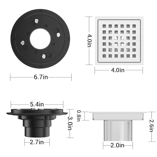EXF Square Shower Drain 4 Inch Brushed Nickel, Stainless