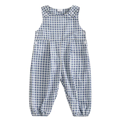 Image of Motlapol Infant Baby Boy Girl Gingham Romper Sleeveless Button Straps Plaid Wide Leg Overall Jumpsuit Cute Photoshoot Clothes (Blue, 3-6 Months)