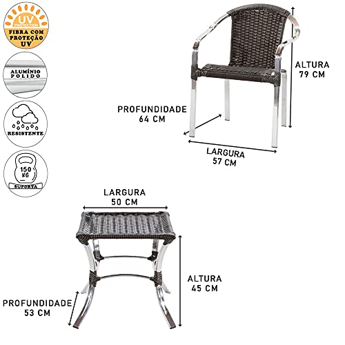 Conjunto Tóquio Alumínio 04 Cadeiras + 01 Mesa de centro para Área Externa, Interna, Sacada, Varanda