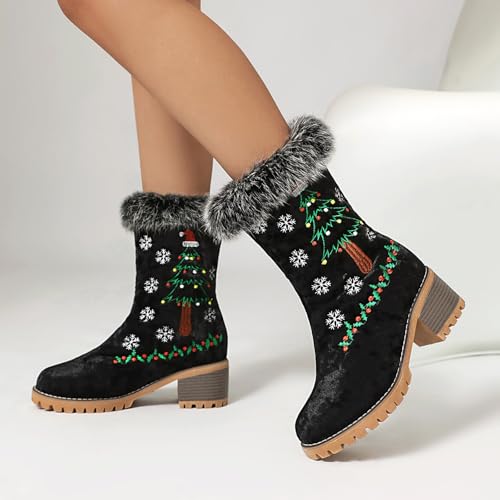 Sweet Womens Bowknot Furry Christmas Ankle Boots Chunky Heel Snow Boots4