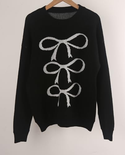Image of Women Cute Bow Knit Sweater Y2k Long Sleeve Crew Neck Knitted Pullover Top Oversized Going Out Fall Winter Knitwear