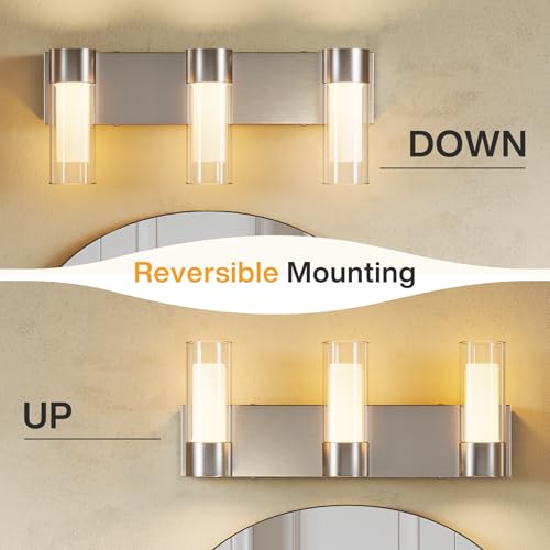 Image of Tribesigns LED Bathroom Light Fixtures, 3-Light Vanity Lights Over Mirror, Wall Lights with 3 Color Modes & Sand Nickel Finish, Wall Sconces with Clear Glass Shades for Bathroom Hallway Bedroom