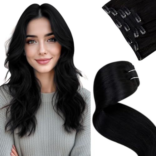 Image of LaaVoo Human Hair Clip Ins, 5pcs 80g, Soft Straight For Casual Outing | Hair Extensions Clip Ins, Boosts Hair Volume, 14inch Matches Bold Jet Black Tone For Formal Event Styling