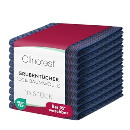 Clinotest Grubentücher – 10er Set Küchenhandtücher 50x100 cm, 100% Baumwolle saugstarke & fusselfreie Küchentücher – Hochwertige Geschirrhandtücher, langlebige und kochfeste Putztücher - Blau Grau