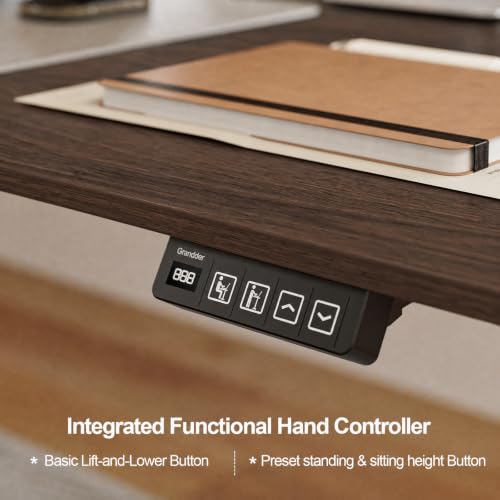 Image of Grandder 63 x 55 Inch L Shaped Standing Desk, Electric Height Adjustable Corner Stand Up Desk, Sit Stand Corner Table Home Office Table, Walnut Top Black Frame