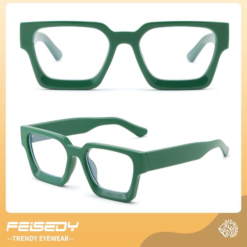 Image of FEISEDY Retro Blue Light Blocking Glasses for Women Men 90s Classic Rectangle Frame Thick Chic Computer Eyeglasses B2383R