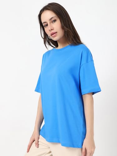 Image of Bewakoof Women's Solid Oversized Fit Half Sleeve Round Neck Cotton Jersey T-Shirt