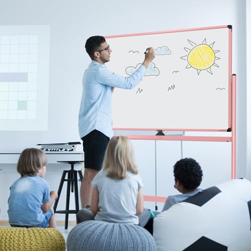 Image of Large Dry-Erase Rolling Magnetic Whiteboard - 48 x 32 Inches Dry Erase Board with Stand Height Adjust Double Sides Mobile White Board Easel on Wheels with 25 Sheets Paper Pad Office, Home & Classroom