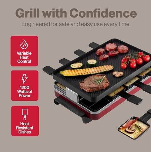 Image of Swissmar Classic 8-Person Raclette Party Grill with Reversible Cast Aluminum Non-Stick Grill Plate /Crepe Top, Indoor Electric Raclette Grill & Griller - Black Grill Plate - Red