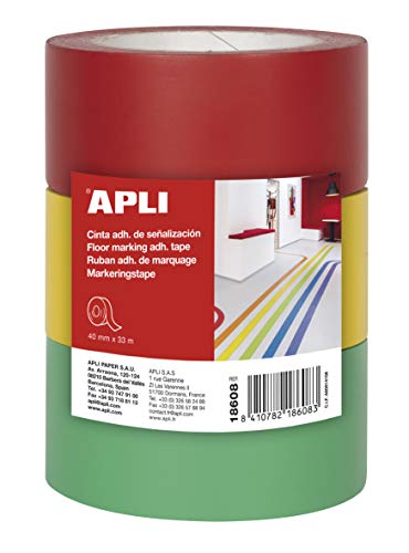 APLI 18608 Klebeband, PVC, rot, gelb, grün, 40 mm x 33 m, 160 μm, 3 Stück