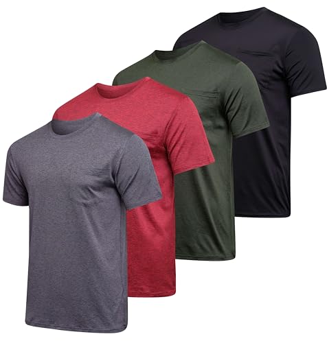 Image of Real Essentials 4 Pack: Men's Dry-Fit Short Sleeve Pocket Crew Performance Athletic T-Shirt (Available in Big & Tall)