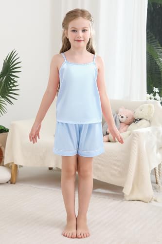 Weixinbuy Girls Pajamas Silk PJS Set Sleeveless Pajama Tank Elastic Waist Shorts Sleepwear Kids Summer Nightwear Clothes Set4