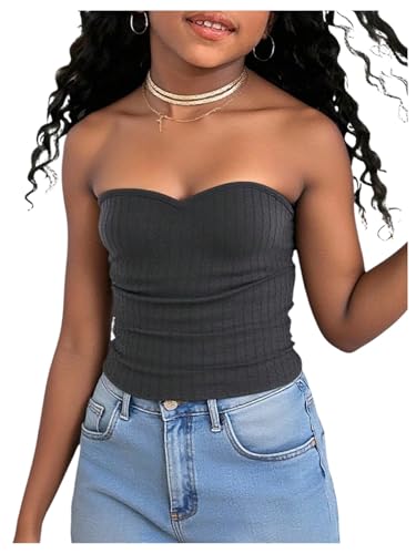 Floerns Girl's Casual Strapless Tube Tops Sweetheart Neck Slim Fit Ribbed Bandeau