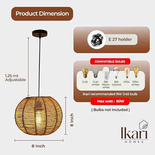 Image of Ikari Homes Kora Pendant Light I Seagrass Paper Raffia lamp I Best use for Outdoor & Indoor Balcony /Living Room /Entrance /Hotels I Beize Color Ceiling Hanging Boho Lamp I Size 8 x 8 in