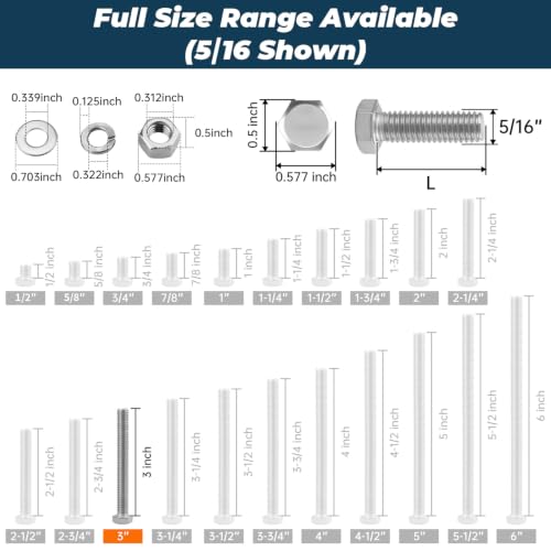 Image of 8 Sets Glvaner 5 /16-18 x 3 inch Stainless Steel Hex Head Screws Bolts, Nuts, Flat & Lock Washers, 18-8 (304) Stainless Steel, Full Thread, Coarse Thread
