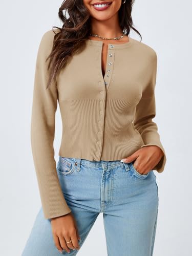 Image of Saodimallsu Womens Cropped Sweaters Cardigan | Button Down,Long Sleeve,V Neck,Ribbed Knit,Slim Fit ,Pullover Crop Tops