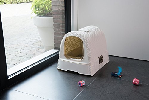 Curver petlife Katzentoilette mit Deckel, Katzenklo inklusive Schaufel, moderne Rattangeflecht-Optik, weiß, 51,5 x 38,5 x 40 cm