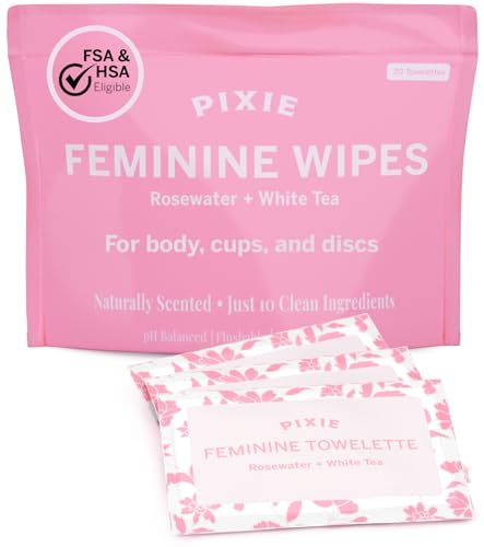 Pixie Feminine Wipes – Naturally Scented Rosewater + White Tea – Flushable, Biodegradable & pH Balanced – Individually Wrapped Wipes for On The Go – Cleaner for Menstrual Cups & Discs (20 Count)
