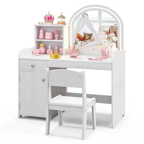 CHEFJOY Kids Vanity, 2 in 1 Kids Vanity Table & Chair Set w/Lighted Mirror, Drawer, Storage Shelves & Cabinet, Pretend Play Toddler Vanity, Girls Vanity for Little Girls, Ages 3+, White
