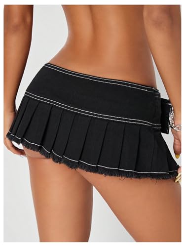 Floerns Women's Y2k Pleated Skirt Belt Low Waist Raw Hem Hippie Mini Denim Skirt2