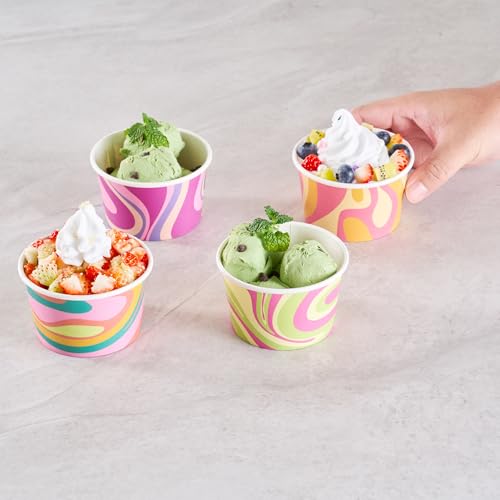 Image of Restaurantware Paper Cups 200 Count 8 Ounce Square Disposable Ice Cream Containers, Leak-Resistant Paper Dessert To Go Cups, Hot And Cold Food, Durable Assorted Groove Swirl Design
