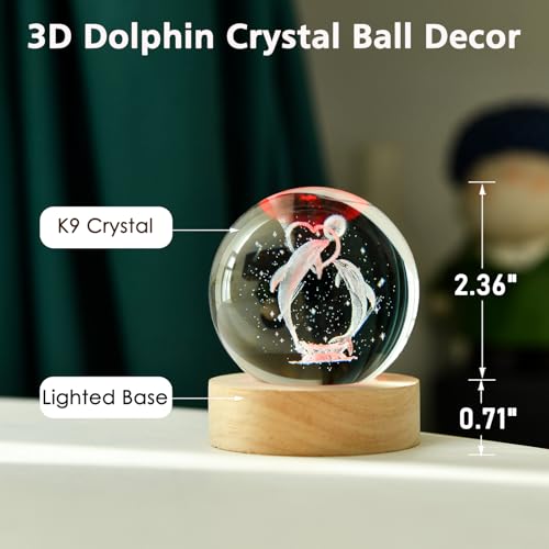 Image of IFOLAINA Dolphin LED Gift 3D Dolphins Figurines In Crystal Ball Laser Engraved Glass Sphere Home Decor With Wooden Light Base | Engraved Glass Dolphin Sphere Figurines Decorative Decor Lamp for Room Holidays