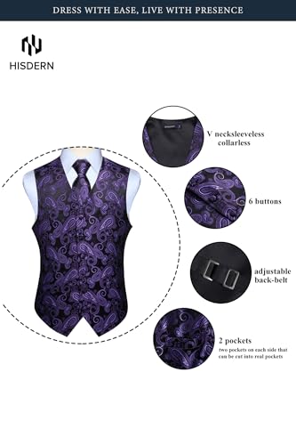 Image of HISDERN Mens Vest Tie Set 3PC Formal Waistcoat Paisley Floral Jacquard Necktie Pocket Square Suit Vests Wedding Party