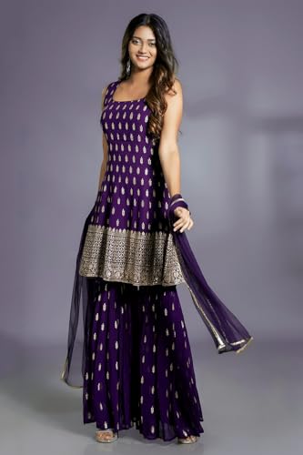 Image of Xomantic Fashion Women's Embroiderd Work Navyblue Color Weding Wear Anarkali Kurta Sharara Set