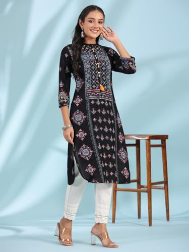 Image of Juniper Black Ethnic Motif Printed Rayon Calf Length Straight Kurta with Kaudis Kantha Work & Sequins