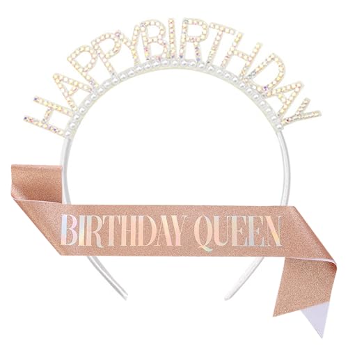 Juego de banda y tiara de cumpleaños para niña, decoraciones de fiesta de cumpleaños para niñas, tiara y banda de cumpleaños con diamantes de imitación, accesorios de cumpleaños de oro rosa, corona y