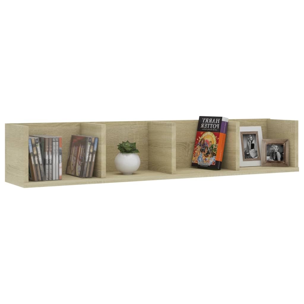 Estantería de pared para CD, roble Sonoma, 100 x 18 x 18 cm, material de madera con 4 compartimentos abiertos para CD, DVD, almacenamiento de discos de vinilo, elegante estantería de material