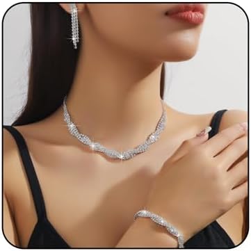 3PCS Prom Earrings Necklace Bracelet Set Sparkling Rhinestone Crystal Necklace Bracelet Dangle Earring Brides Bridesmaids Silver Jewelry Set Wedding Banquet Party Dance Dress Jewelry Set for Women