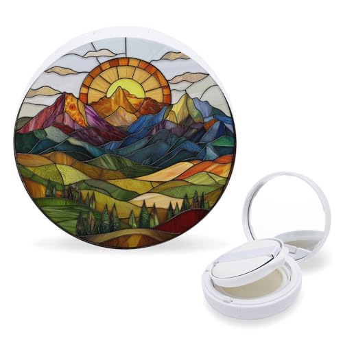 Hayyett Mountain Range Stained Glass Air Cushion Puff Box Portable Cosmetic Makeup Case Container,Loose Powder Foundation Container