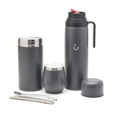 BALIBETOV Complete Yerba Mate Set - Modern Mate Gourd, Thermos, Yerba Container, Bombilla and Cleaning Brush Included - All Premium Quality 304 18/8 Stainless Steel (GRAY) Cover