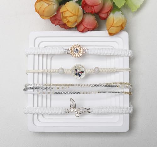Ds 4Pcs String Beads Charm Bracelets For Teen Girls Dainty Cute Cartoon Butterfly Daisy Eternal Flower Beads Bracelets Set For Woman And Girls Adjustable Stretch Bracelet Birthday Gift For Friends thumb #4