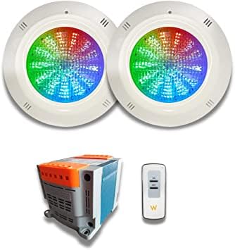 SWIMHOME Pack Iluminación Piscina | 2 Focos LED de Superficie + Control Remoto ON/Off + Transformador | ABS Blanco Resistente | Ø29 cm 35W 12V/AC RGB 2 Hilos | Transformador 100W 12V/AC