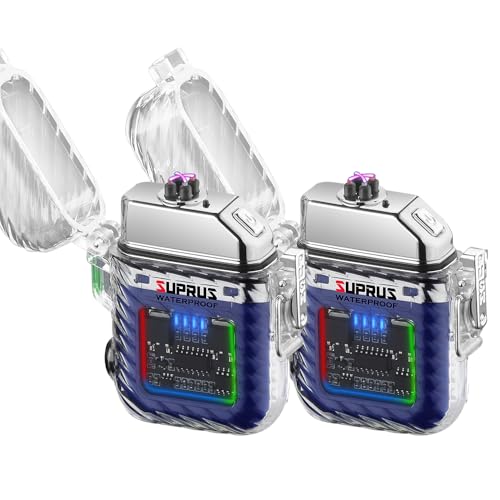 SUPRUS Waterproof Luminous Lighter of Flashlight Windproof Arc Electric Lighters Rechargeable Dual Arc Plasma (Blue, 2Packs)