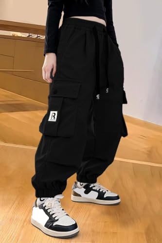 Image of AOWKULAE Girls Casual Cargo Pants for Kids Drawstring Elastic Waist Jogger Pants 6-14 Years