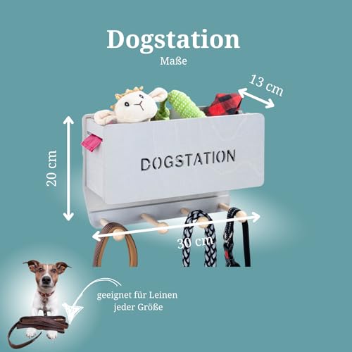 INEXTERIOR Hundegarderobe CLASSIC aus Holz - personalisierbar - in Deutschland handgefertigt - Aufbewahrung für Hundeleinen (Grau, Schriftzug Dogstation)