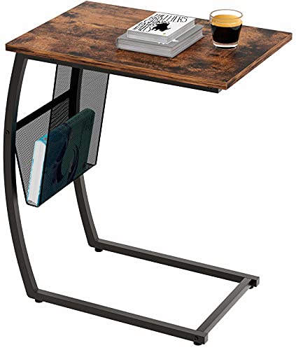 EKNITEY C-förmiger Beistelltisch - Beistelltisch Vintage kleiner Sofatisch Couchtisch mit Stauraum Seitentasche für Wohnzimmer Schlafzimmer Kaffee Snack Laptop und kleine Räume Cover