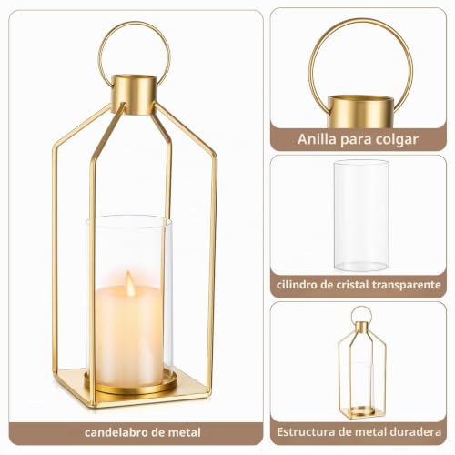 Miniatura 5 de Staymoment - Juego De 2 Candelabros Con Forma De Linterna Dorada Con Cilindro De Cristal: 2 X Portavelas De Pilares Para Decoración De Mesa Moderna Para Boda, Sala De Estar Y Armario
