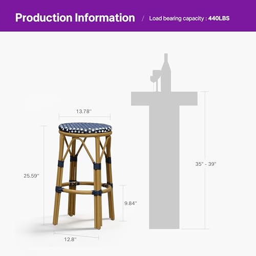 Image of PURPLE LEAF Patio Round Counter Height Stool Set of 2 Outdoor Backless Barstools Aluminum Frame in Bamboo Finish with Navy Blue&White Woven Rattan for Indoor Kitchen Dining Bistros Cafe Restaurant