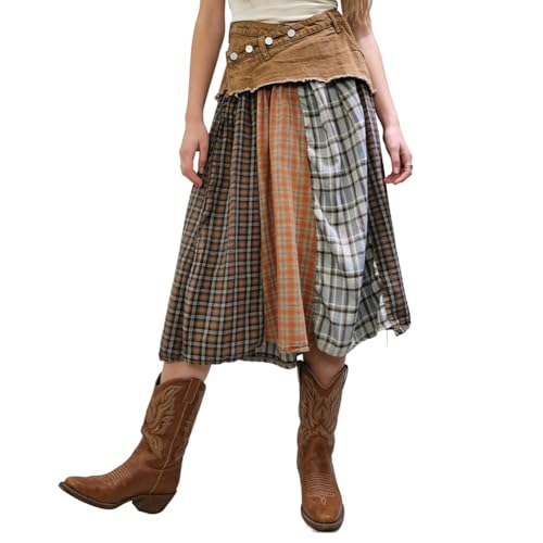 Women High Waisted Plaid Midi Skirts Patchwork Long Jeans Skirts(Khaki,M)